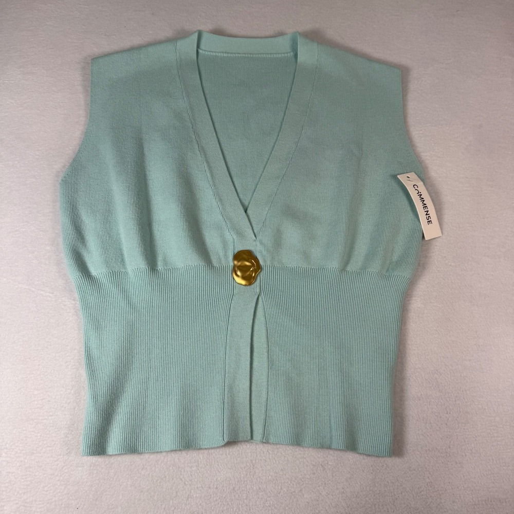 Commense Sweater Vest Women Size M Mint Green Knit Gold Button Quiet Luxury Chic